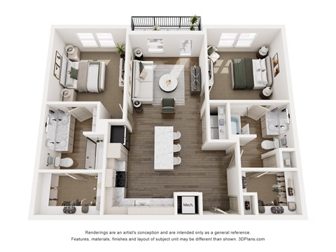 A 3D floor plan of a 2-bed 2-bath apartment with a large kitchen, open-concept layout, dual walk-in closets
